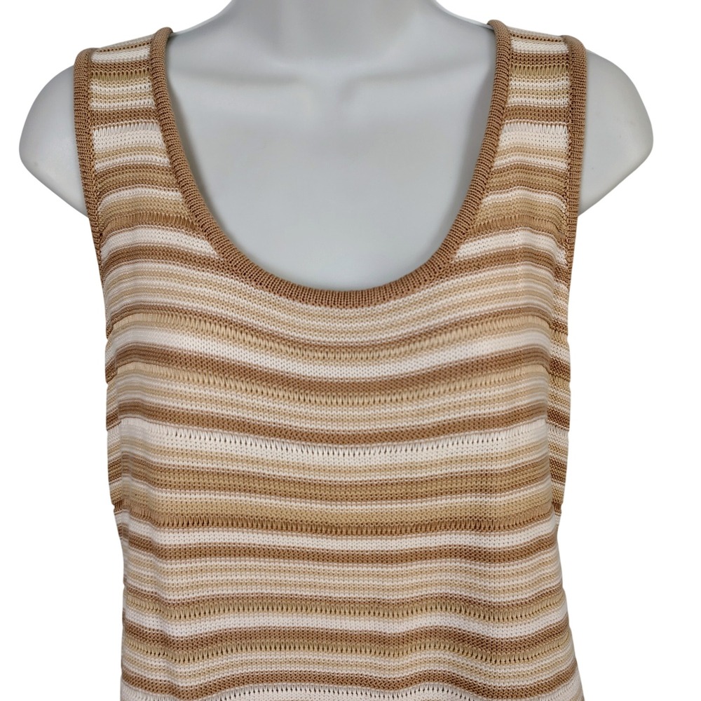 Rafaella Womens XL Knit Tank Top Tan White Striped Cotton Coastal Grandma Boho